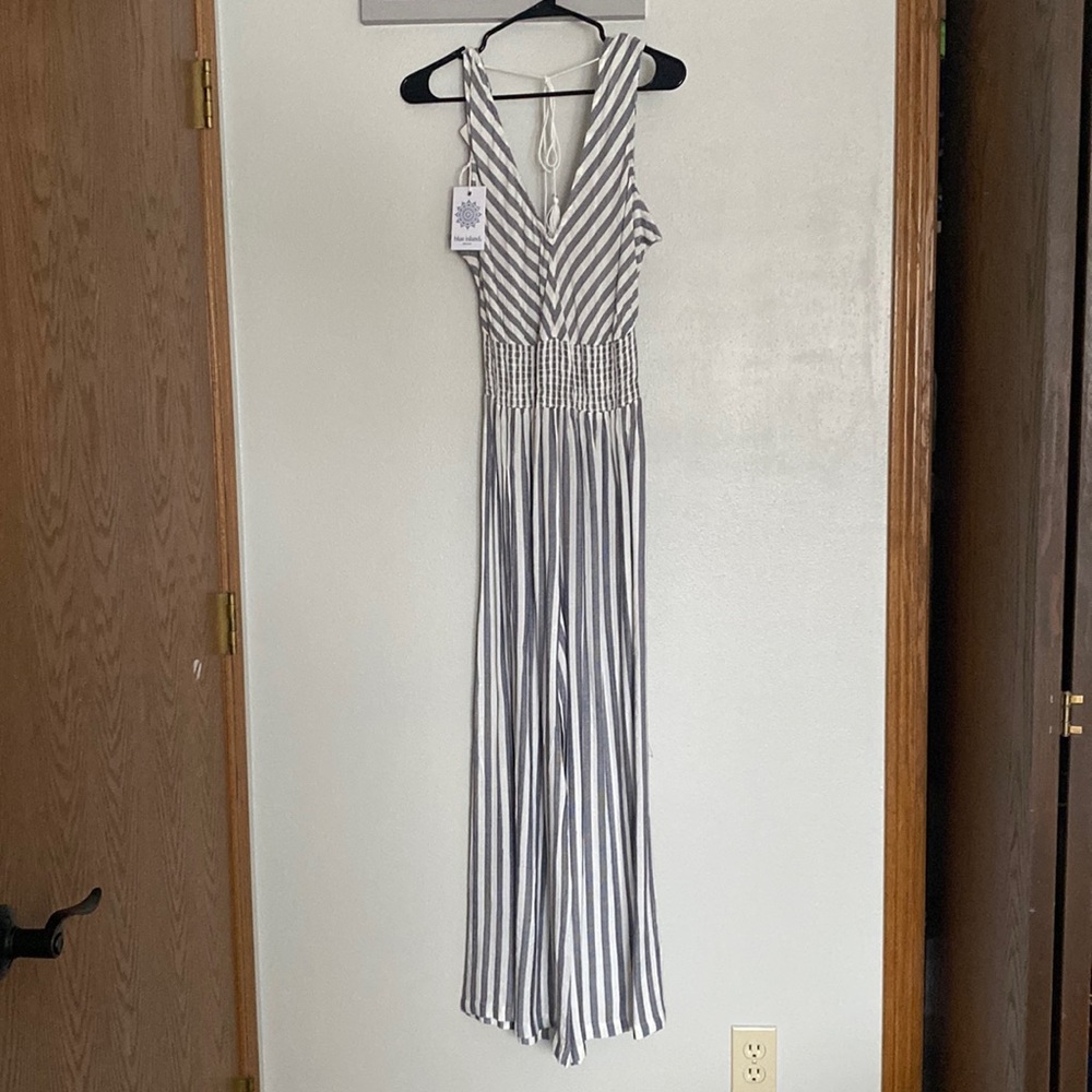 Blue Island Jump suit, white and grey stripes, size M, tags on, never been worn